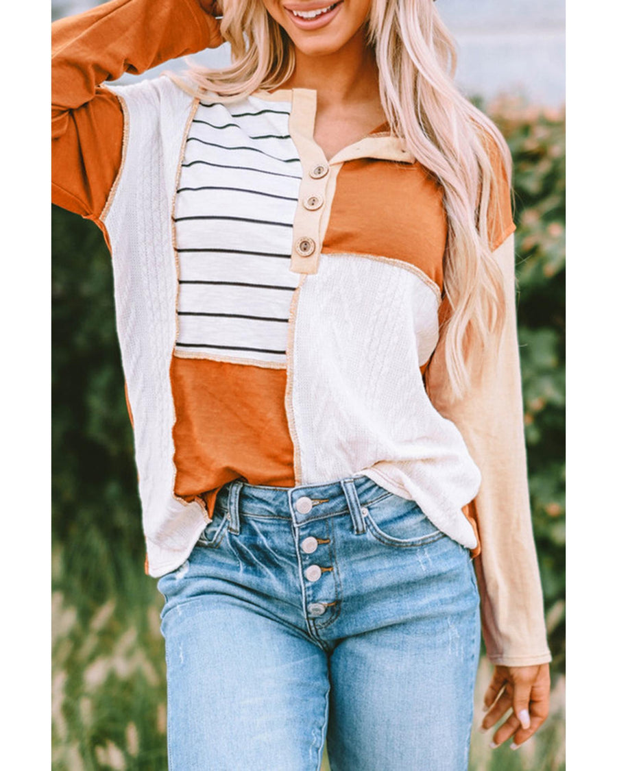 Azura Exchange Long Sleeve Henley Top with Stripe Color Block Splicing - M