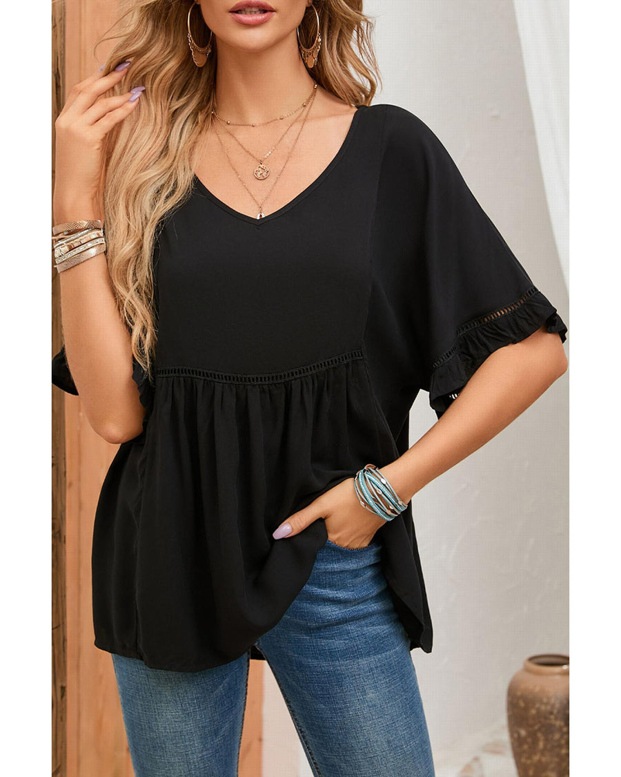Azura Exchange Black Ruffled Lace Detail Loose V Neck Top - L