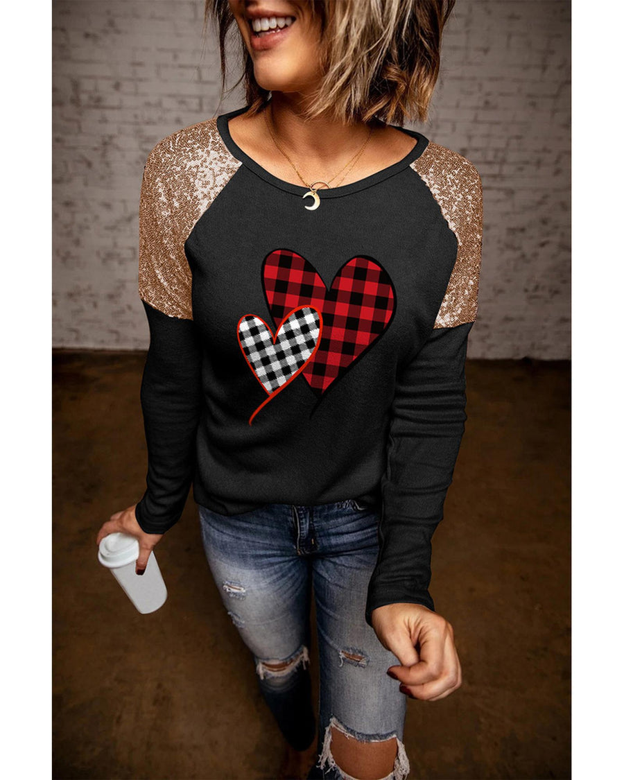 Azura Exchange Plaid Print Sequin Patchwork Long Sleeve Top - XL