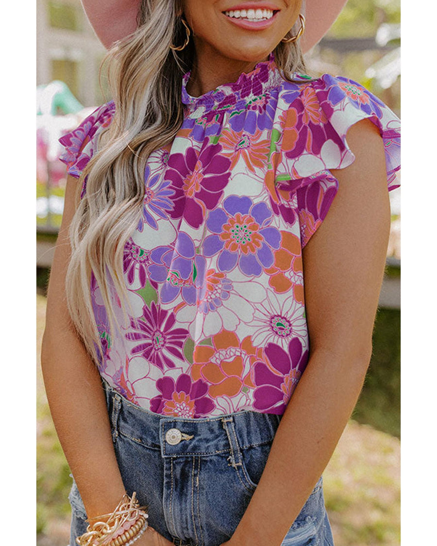 Azura Exchange Flutter Sleeves Floral Top with Stand Collar - L