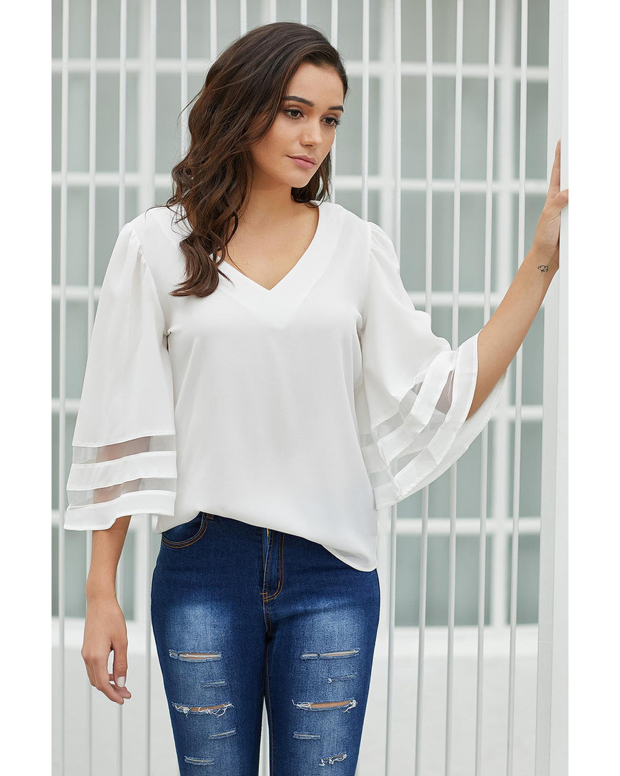 White Flare Sleeve V Neck Loose Blouse - M