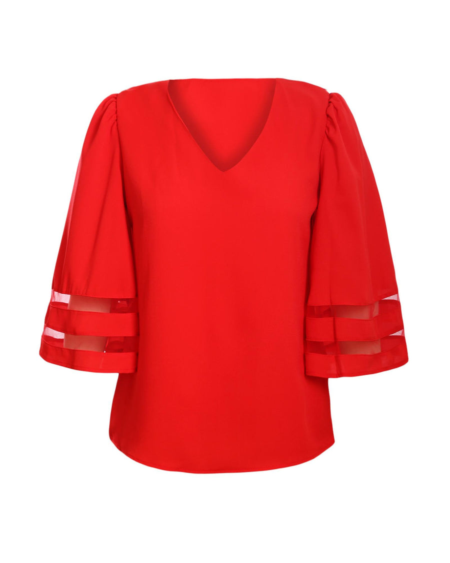 Red Flare Sleeve V Neck Loose Blouse - M