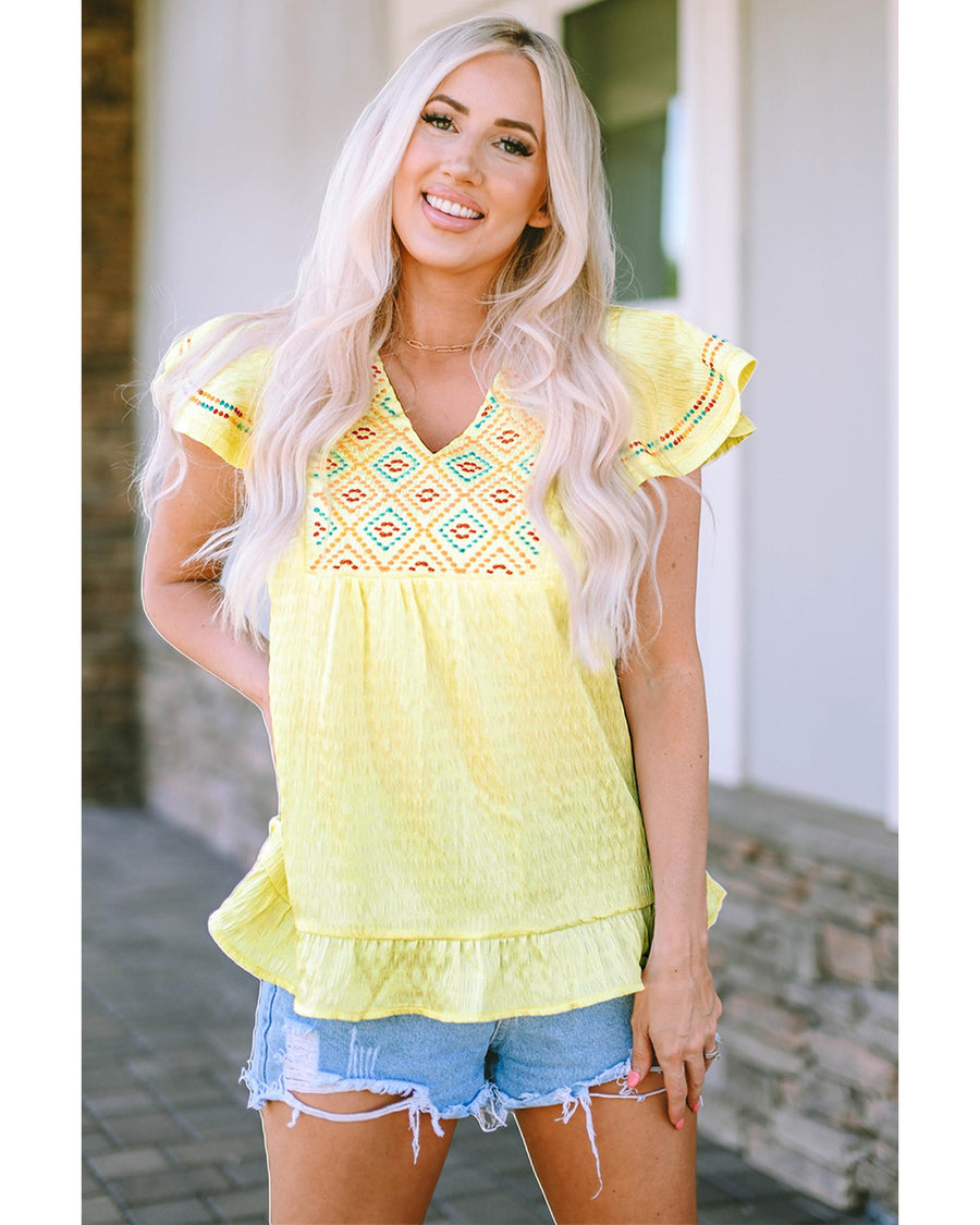 Azura Exchange Embroidered Geometric Ruffled Top - S