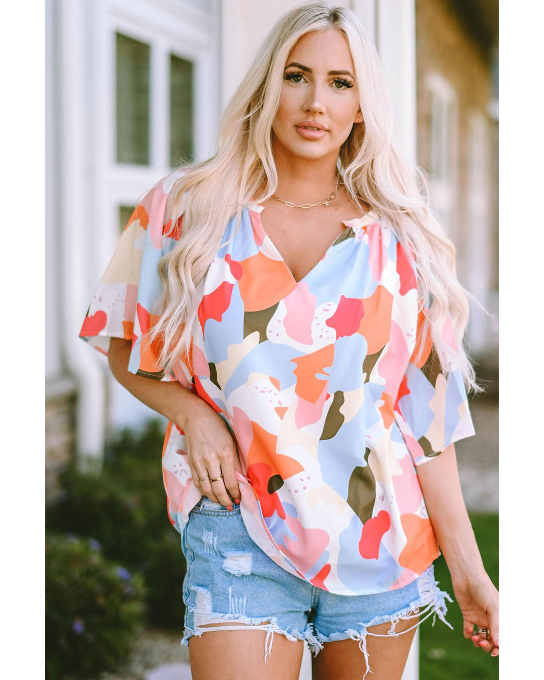 Azura Exchange Floral Print V Neck Half Sleeve Blouse - L