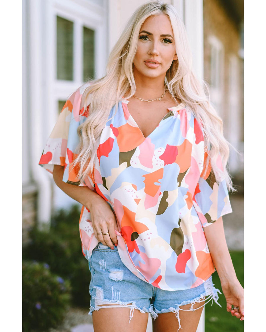 Azura Exchange Floral Print V Neck Half Sleeve Blouse - L