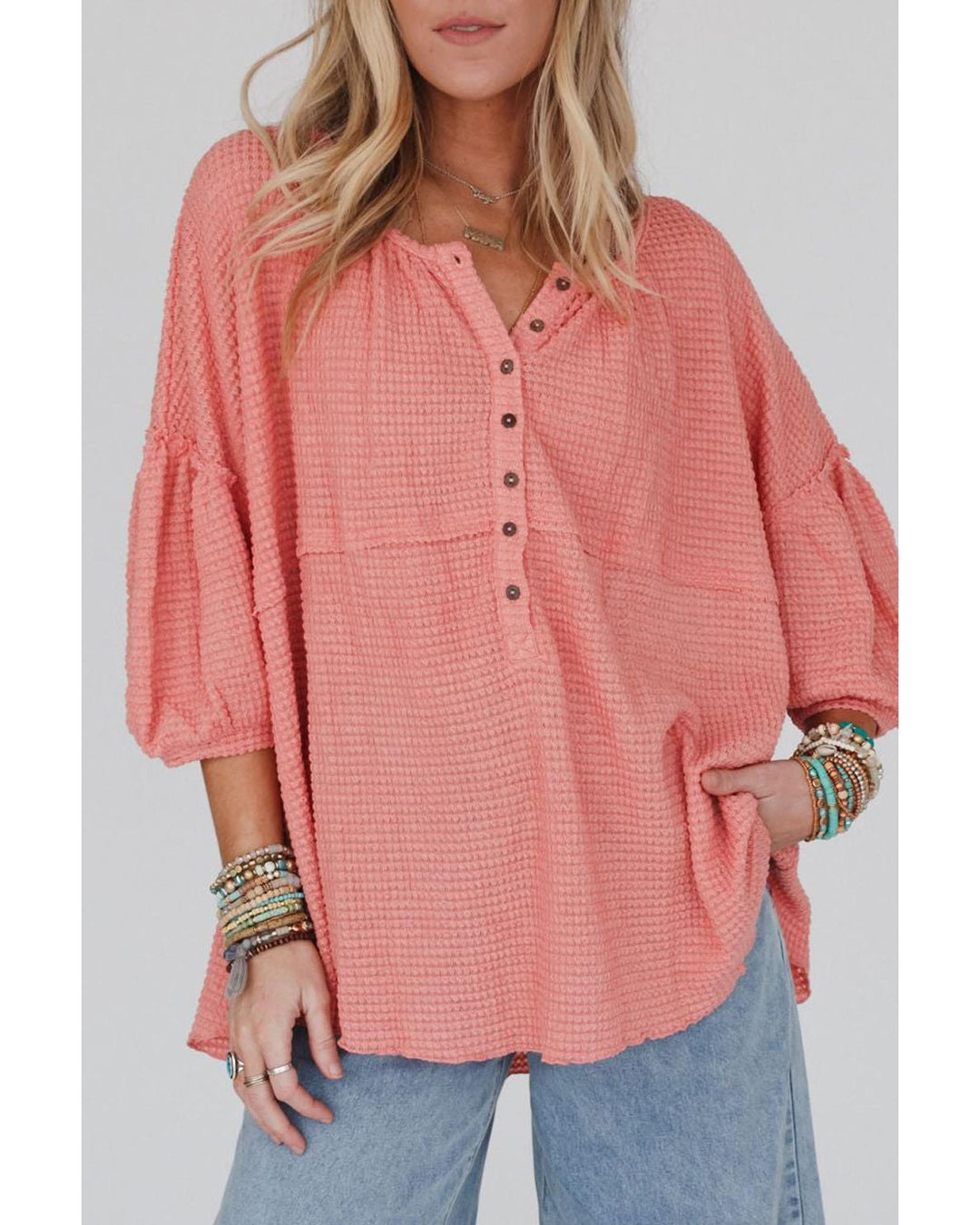 Azura Exchange Oversized Waffled Henley Top - L