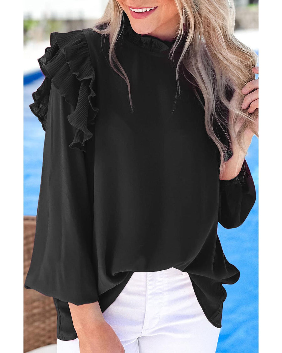 Black Button Keyhole Back Pleated Ruffle Trim Blouse - L
