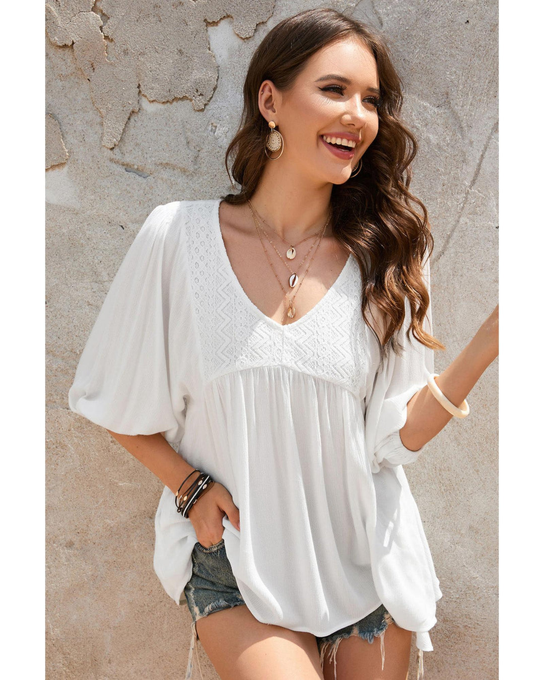 Azura Exchange V-Neck Bracelet Sleeve Ruffle Blouse - L