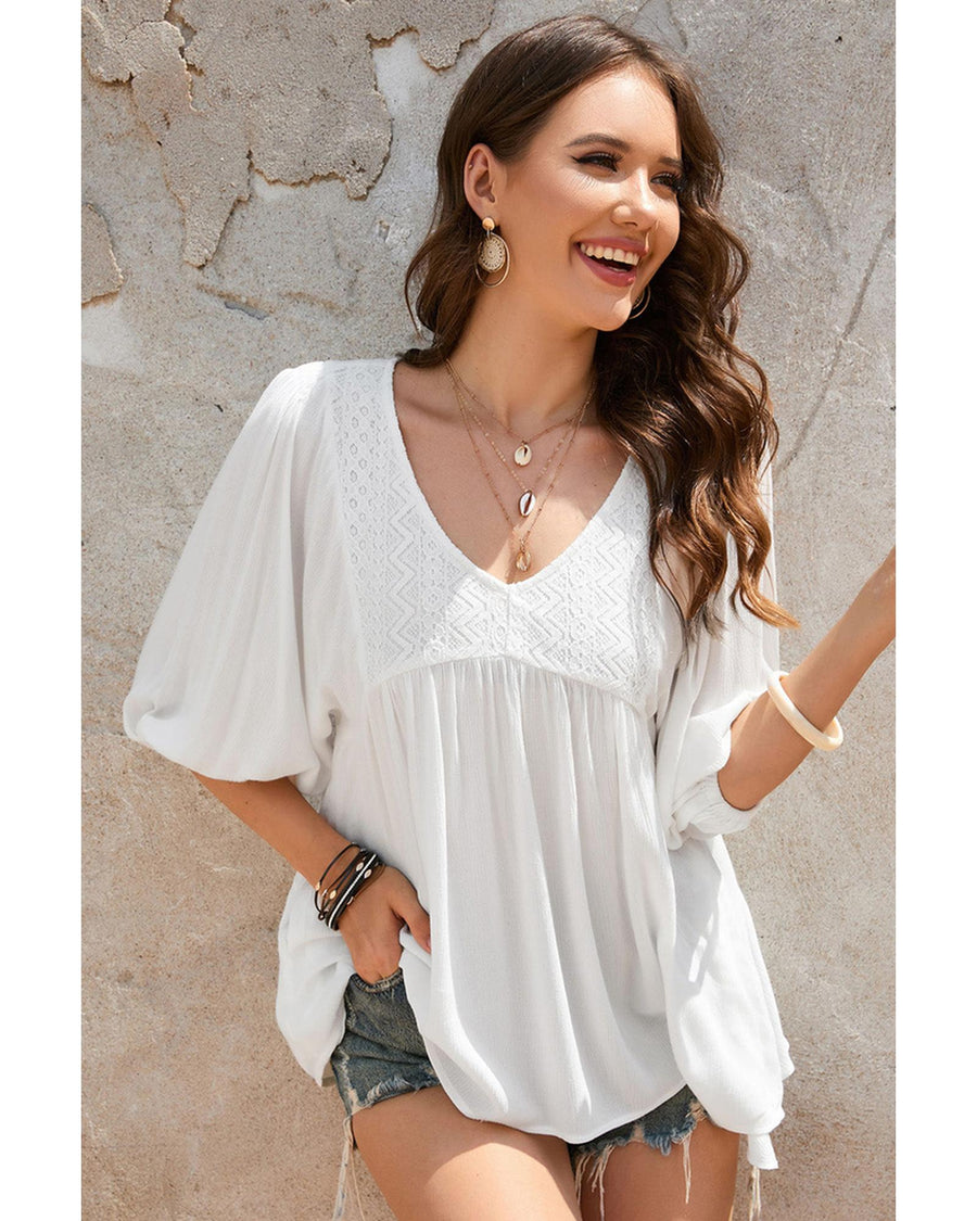 Azura Exchange V-Neck Bracelet Sleeve Ruffle Blouse - L