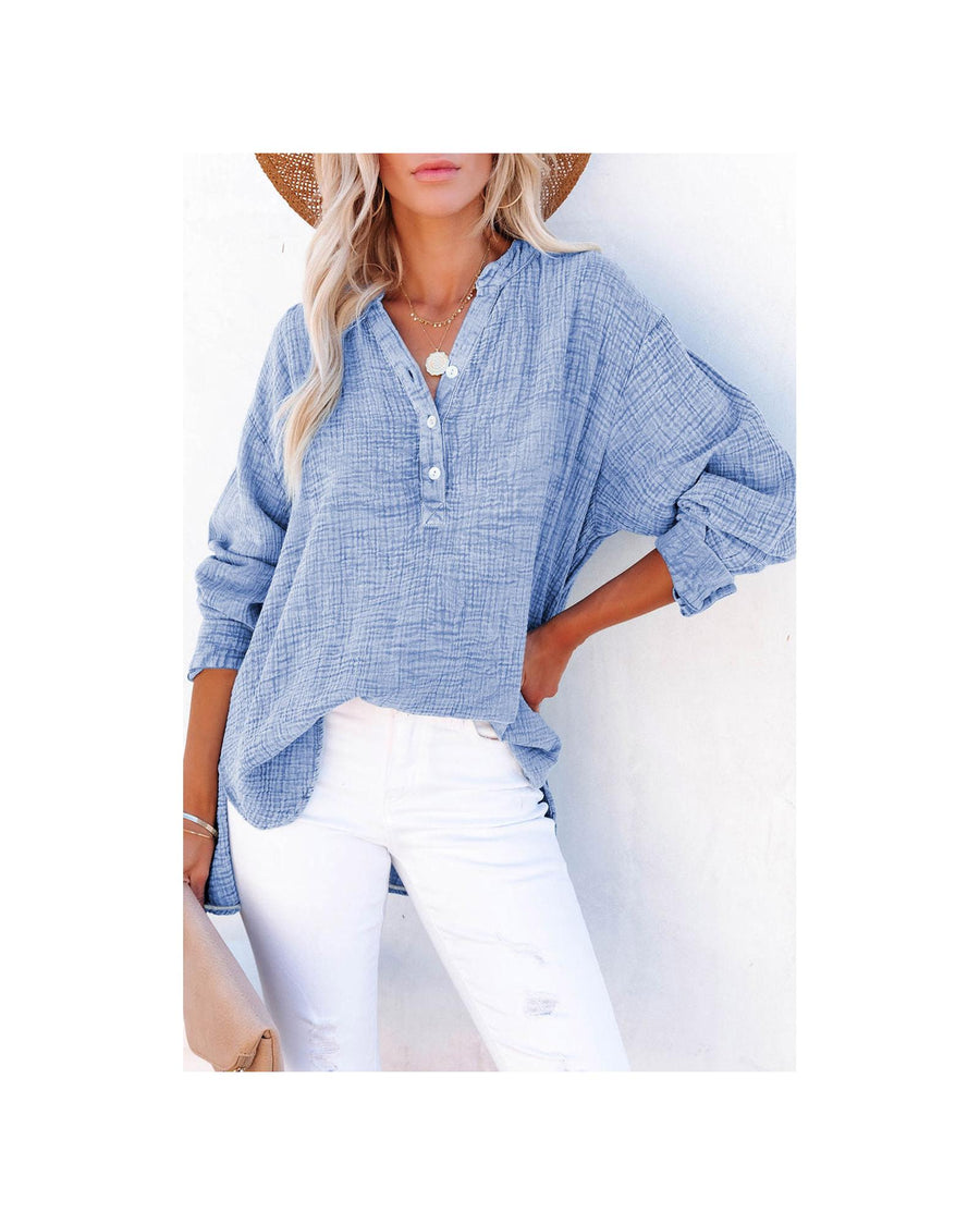 Azura Exchange Crinkle Textured Loose Henley Top - S
