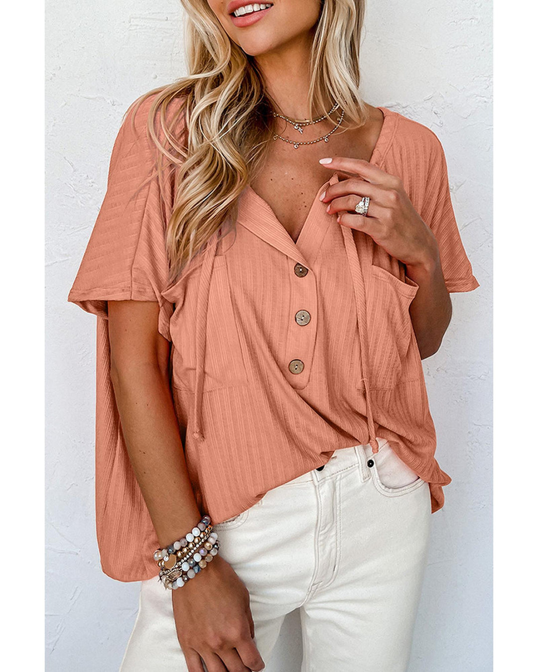 Azura Exchange Textured Loose Top with Notched V Neck and Buttoned Front - S