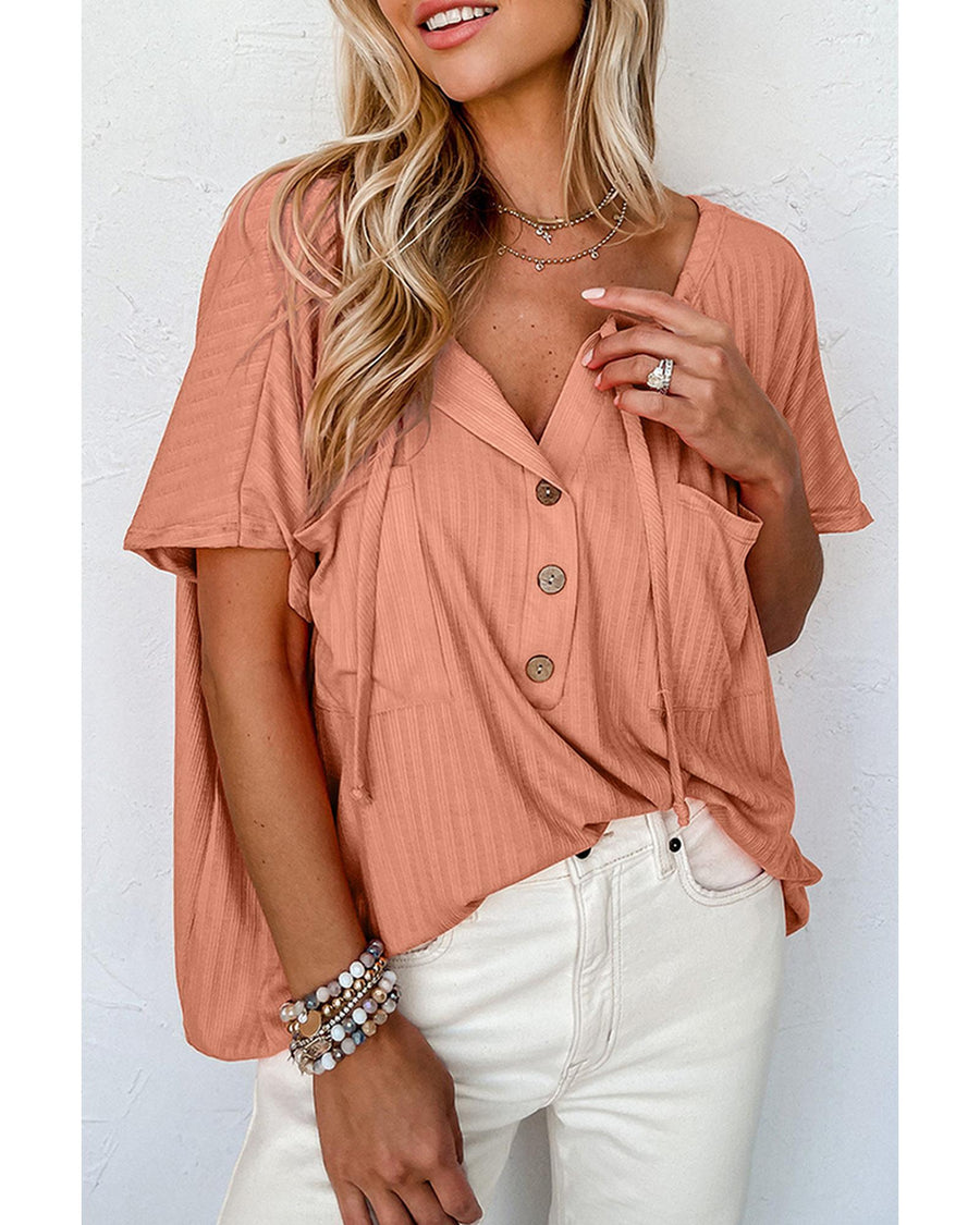 Azura Exchange Textured Loose Top with Notched V Neck and Buttoned Front - S