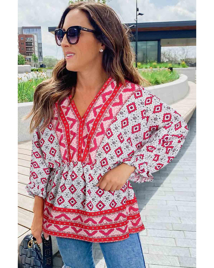 Red Geometric Print 3/4 Sleeve V-Neck Shirred Waist Flared Blouse - L