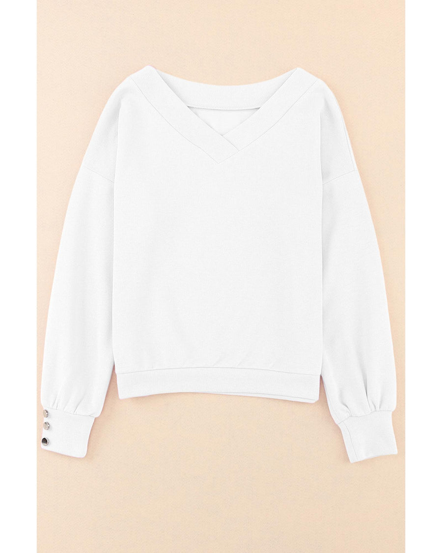 White Knitted V Neck Buttoned Cuffs Sweater - 2XL
