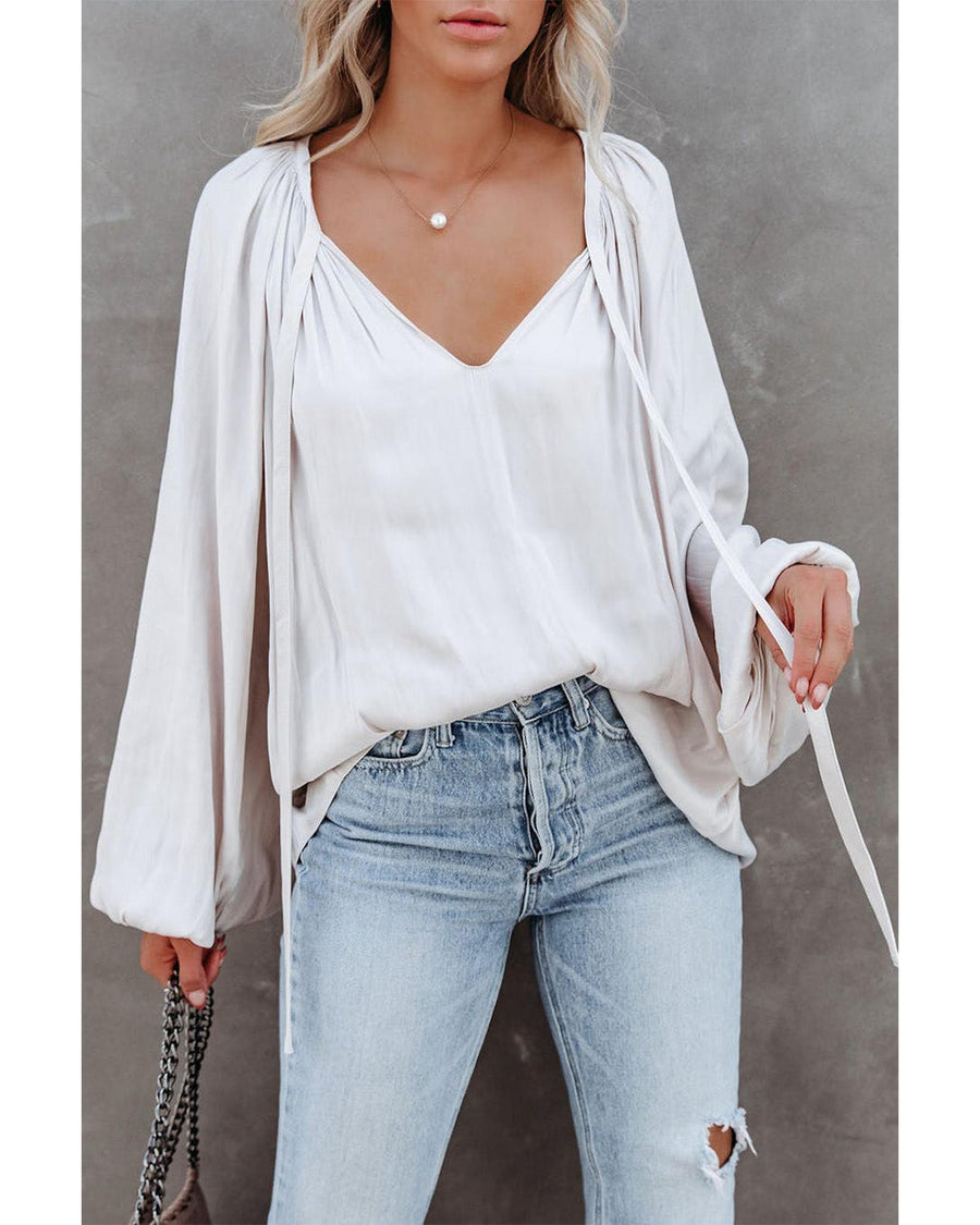 Azura Exchange Pleated Puff Sleeve Satin Blouse - M
