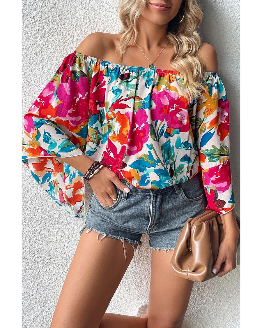 Azura Exchange Floral Print Off Shoulder Wide Sleeve Blouse - XL