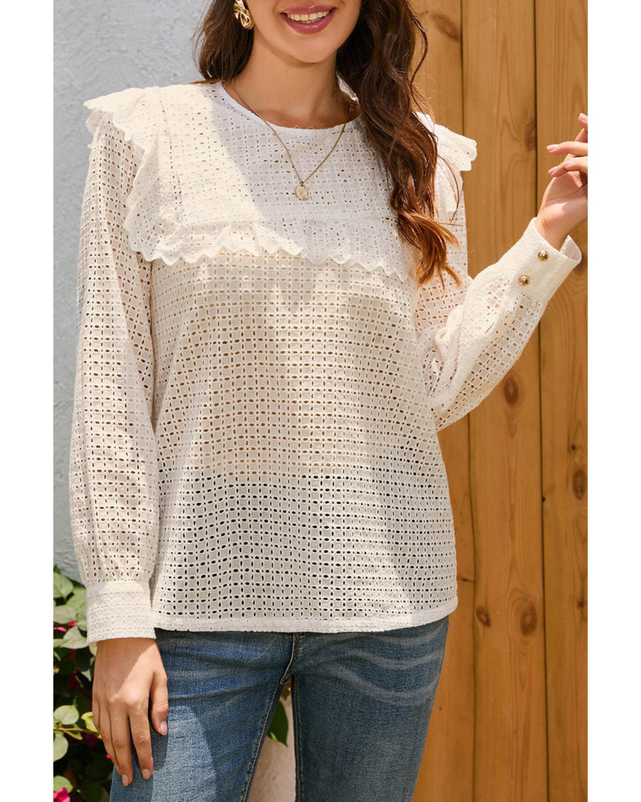 Azura Exchange Hollowed Long Sleeve Round Neck Ruffled Blouse - XL