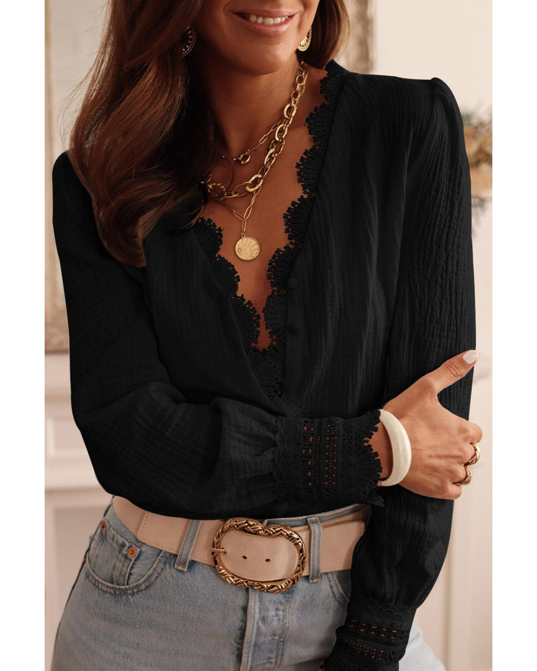 Azura Exchange Lace Trim Deep V Neck Textured Blouse - XL