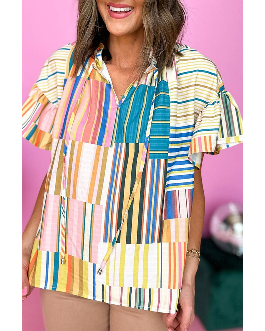 Azura Exchange Striped Ruffle Short Sleeve Blouse - L
