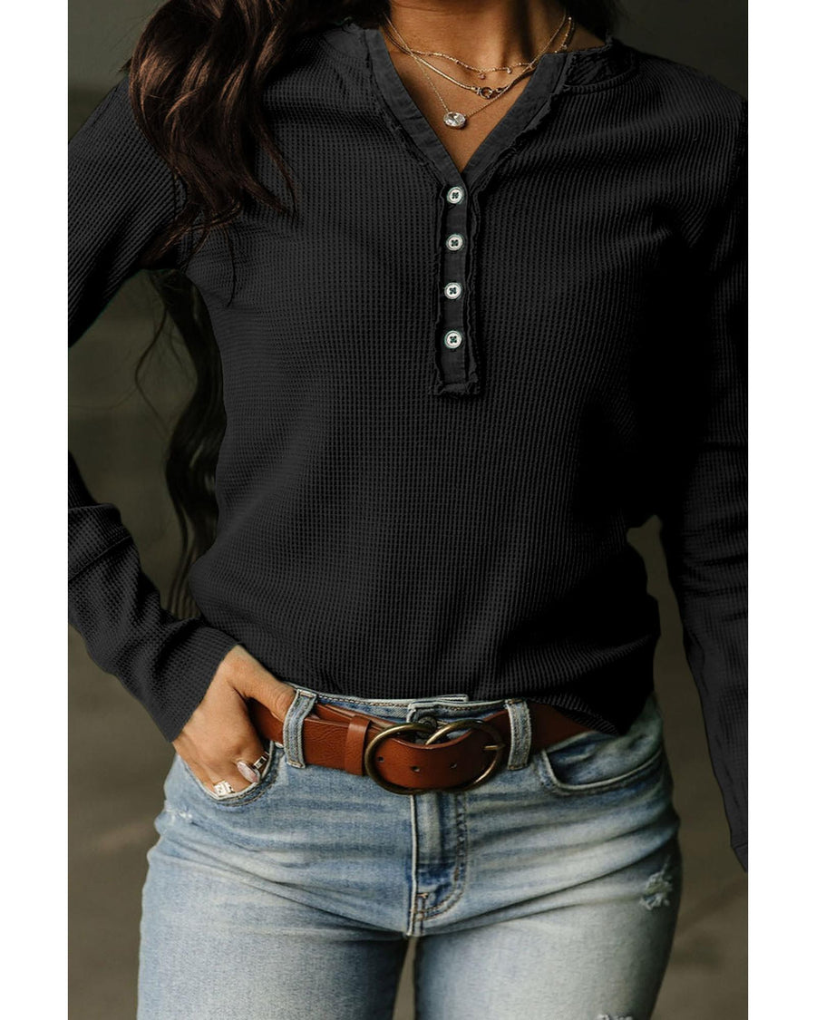 Black Trimmed Neckline Waffle Knit Henley Top - S