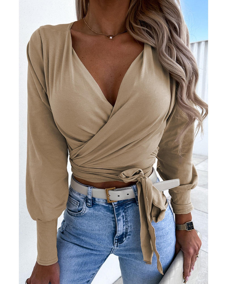 Azura Exchange V-Neck Lantern Sleeve Wrapped Knot Top - XL
