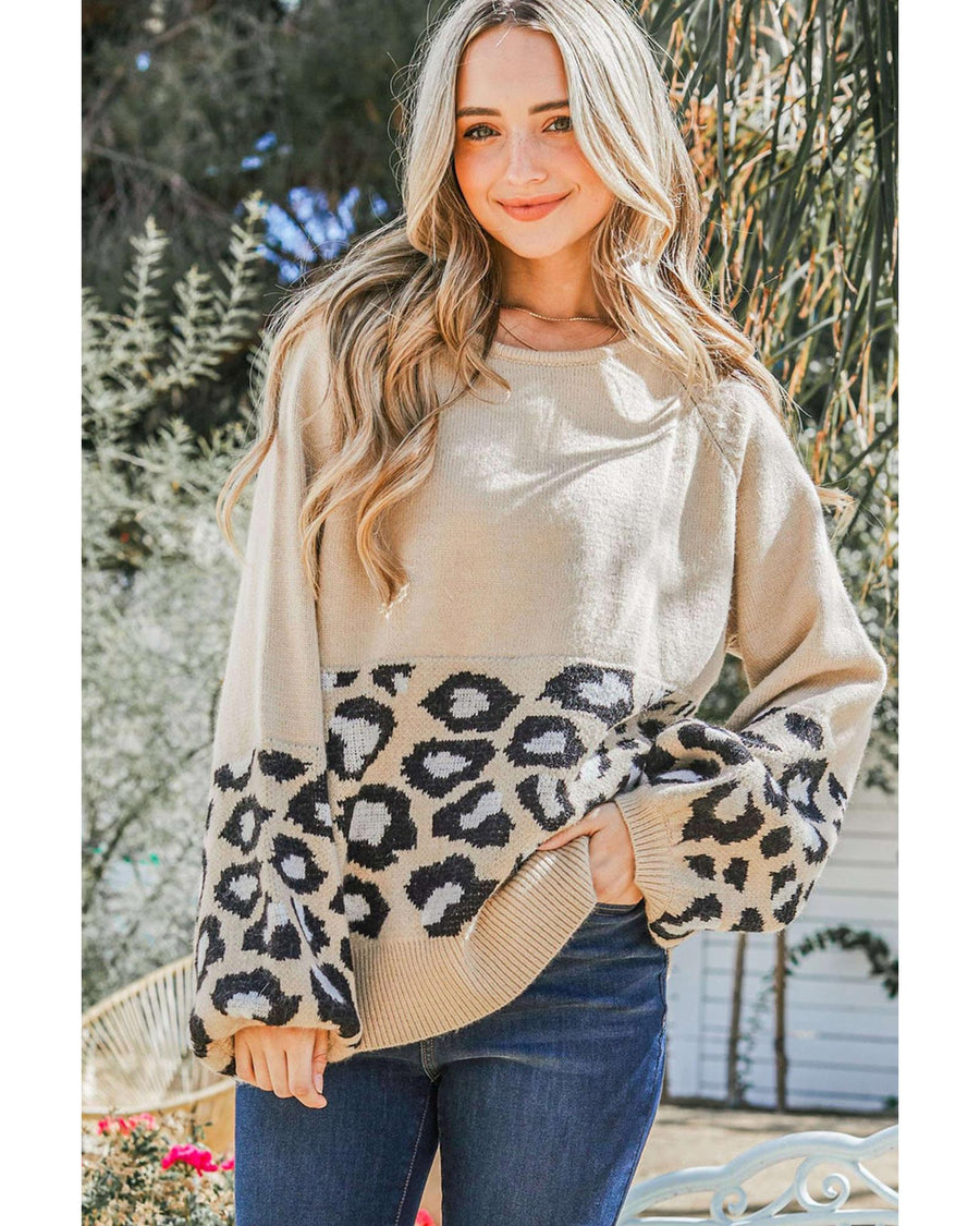 Khaki Leopard Patchwork Knitted Puff Sleeve Sweater - S