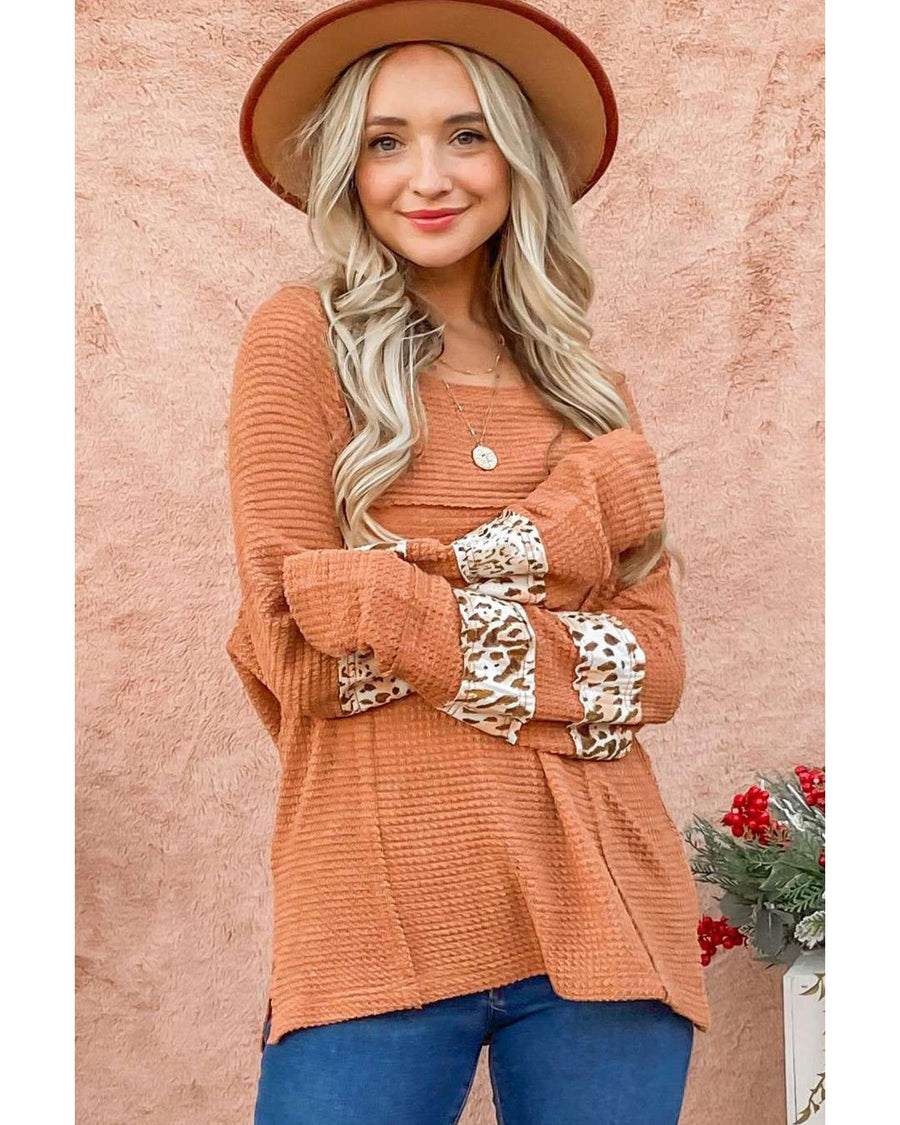 Apricot Leopard Splicing Exposed Seam Waffle Knit Top - S