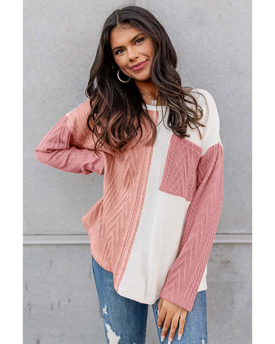 Peach Blossom Long Sleeve Colorblock Chest Pocket Textured Knit Top - M