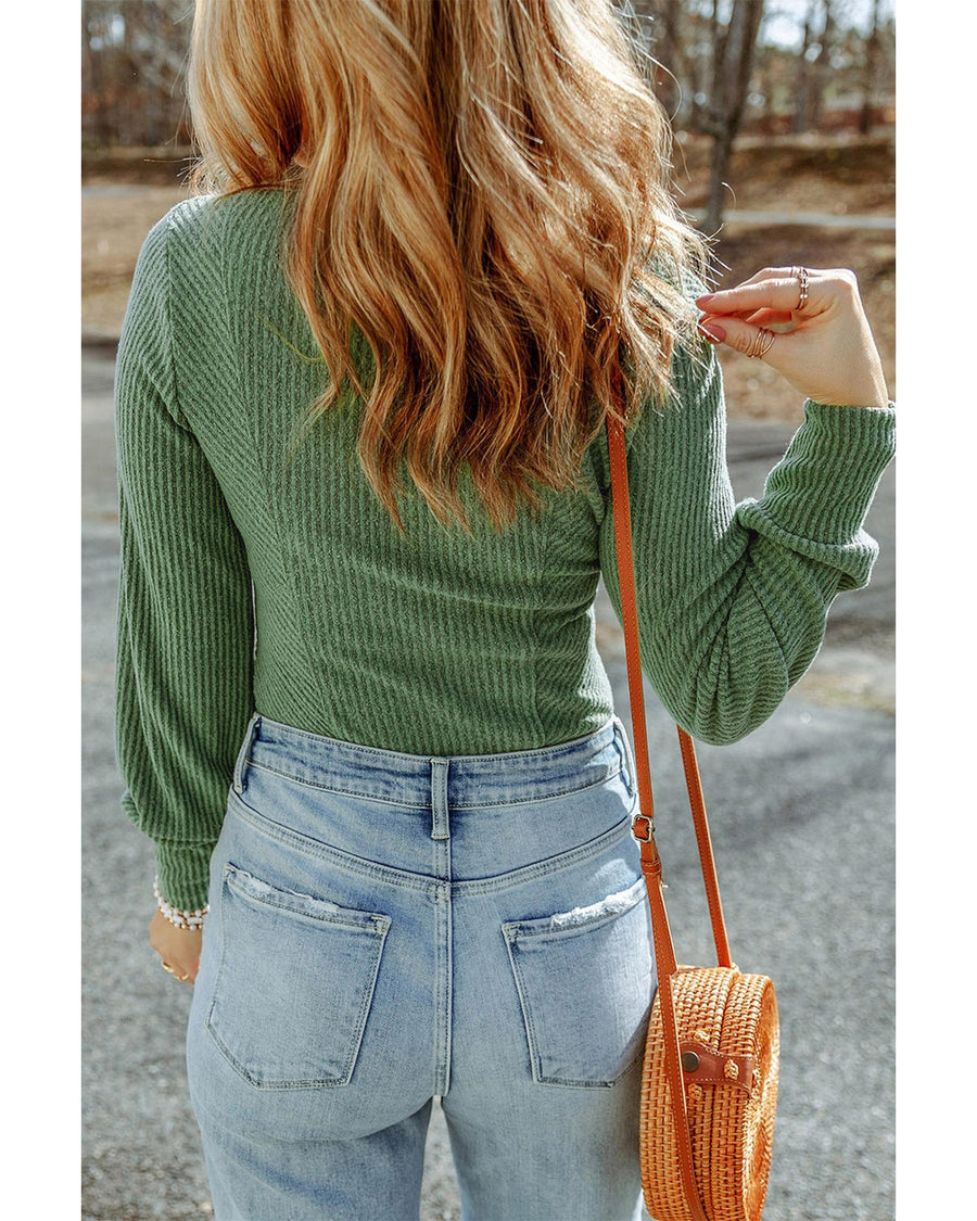 Green U Neck Textured Long Sleeve Top - L