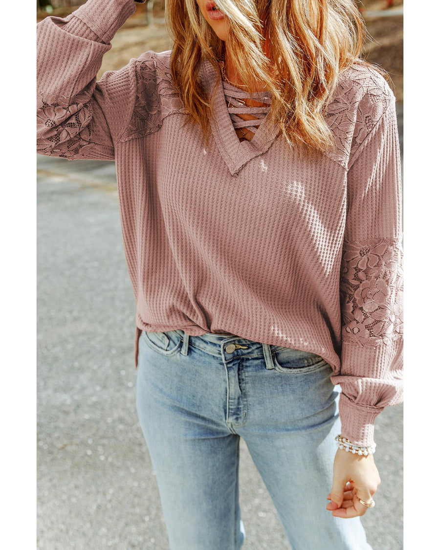 Pink Lace Waffle Patchwork Strappy V Neck Long Sleeve Top - S