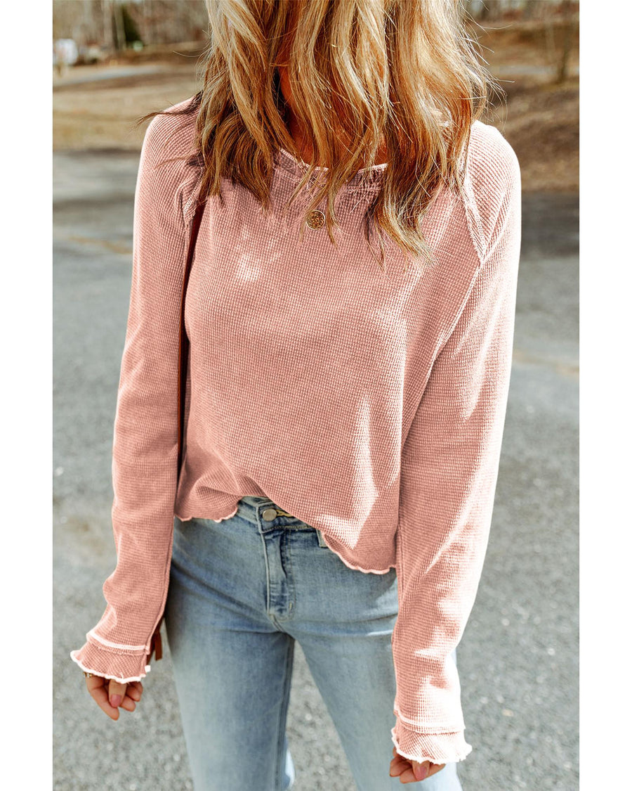 Apricot Pink Textured Round Neck Long Sleeve Top - L
