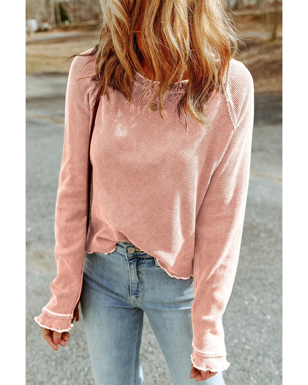 Apricot Pink Textured Round Neck Long Sleeve Top - XS