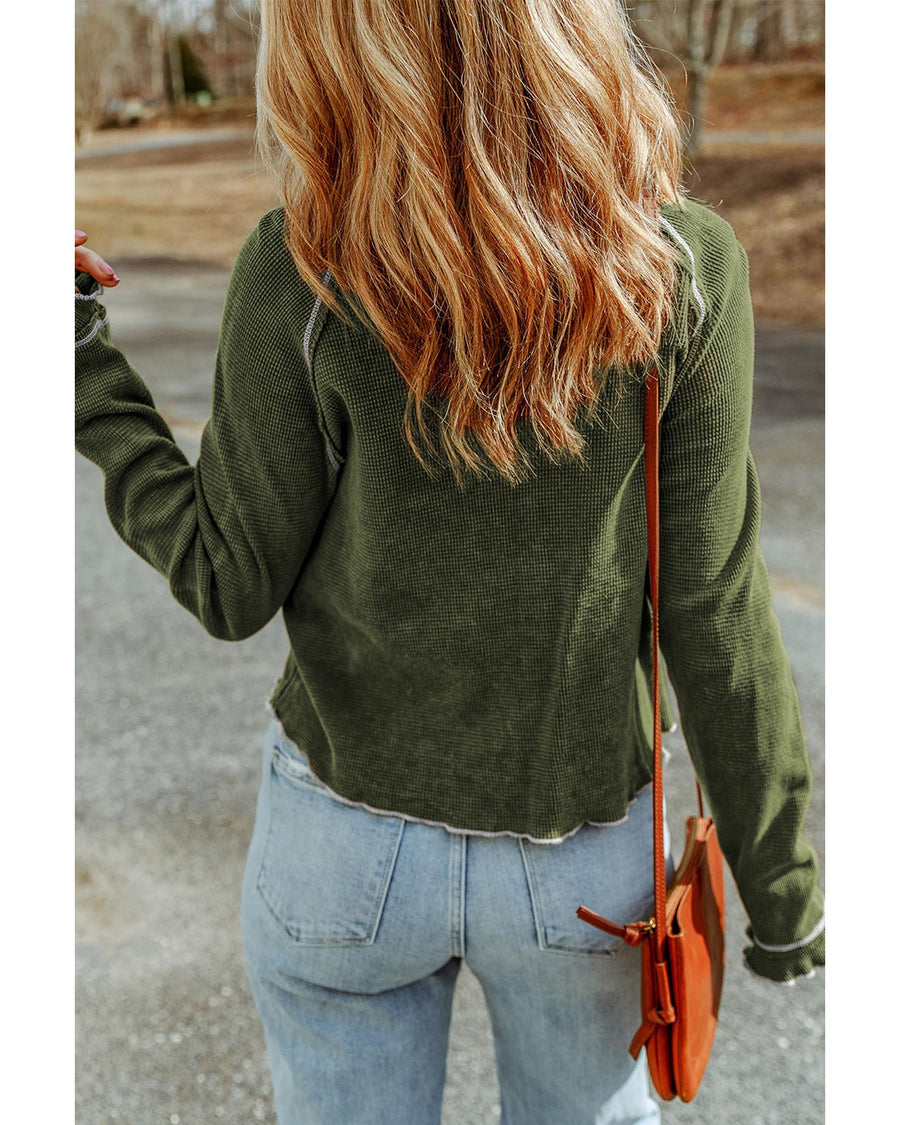 Green Textured Round Neck Long Sleeve Top - XL