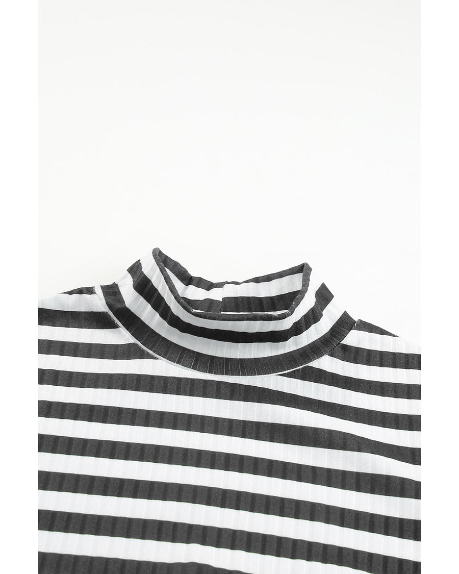 Black Striped Print Textured Knit Long Sleeve Tee - L