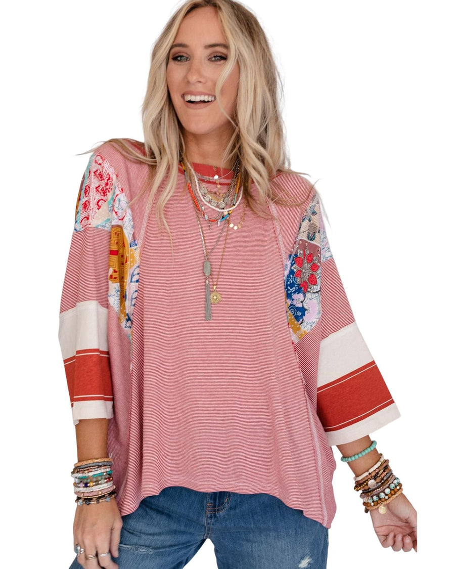 Red Pinstriped Color Block Patchwork Oversized Top - L