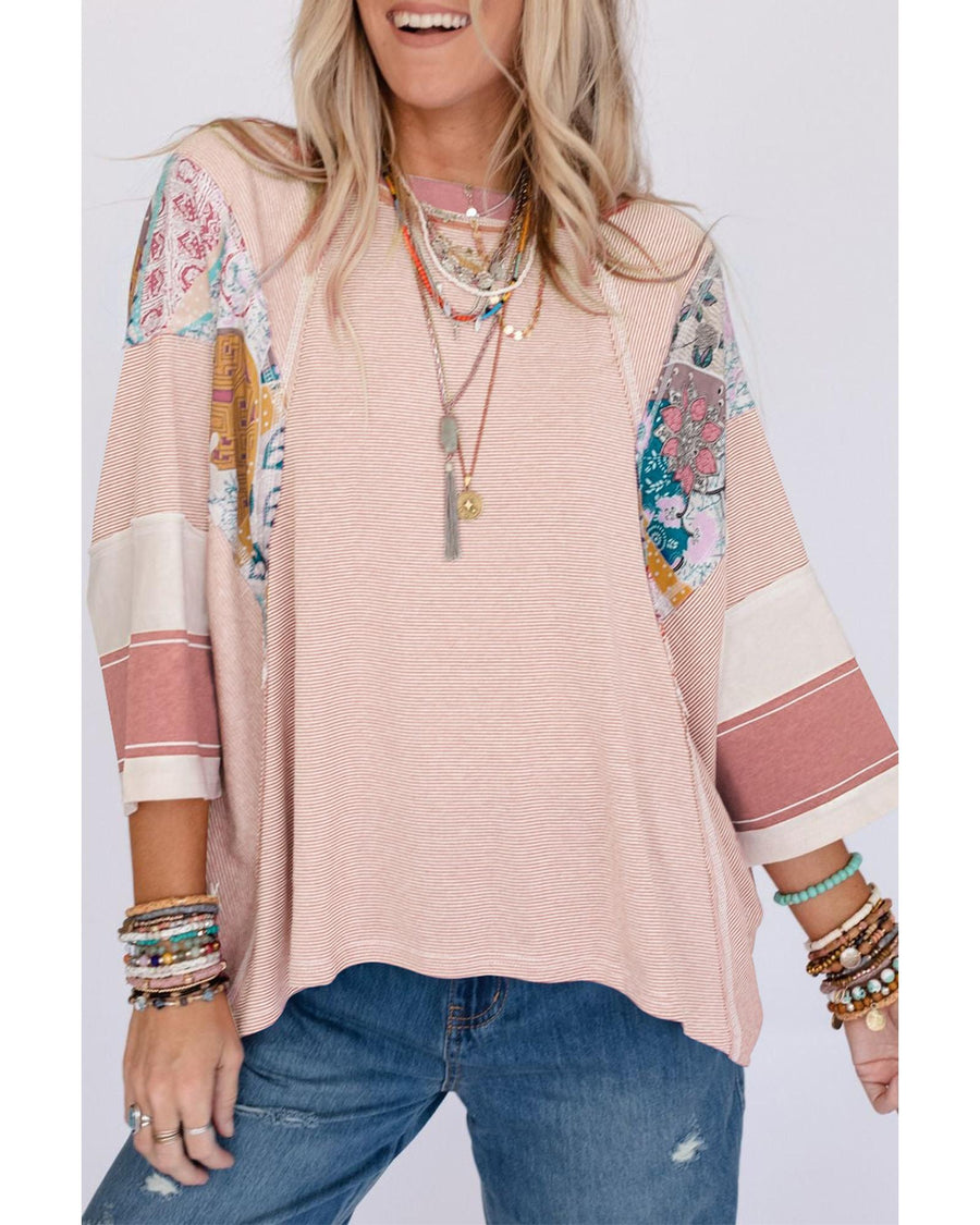 Pink Printed Pinstriped Color Block Patchwork Oversized Top - XL