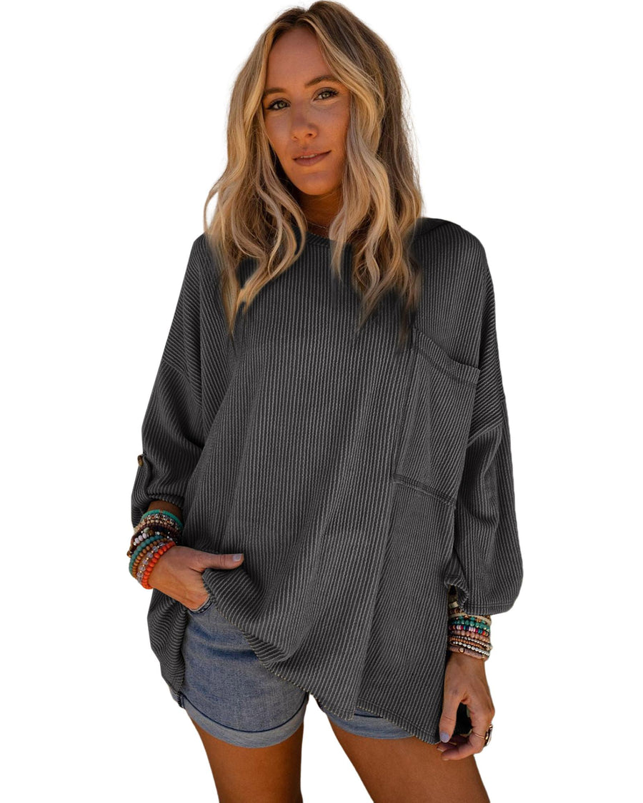 Dark Gray Ribbed Roll-tab Sleeve Chest Pocket Oversize Top - M