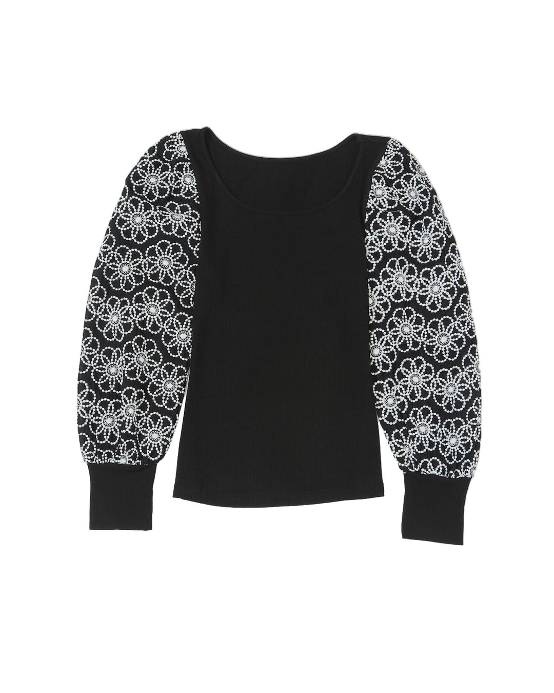 Black Flower Puff Sleeve Ribbed Knit Top - L