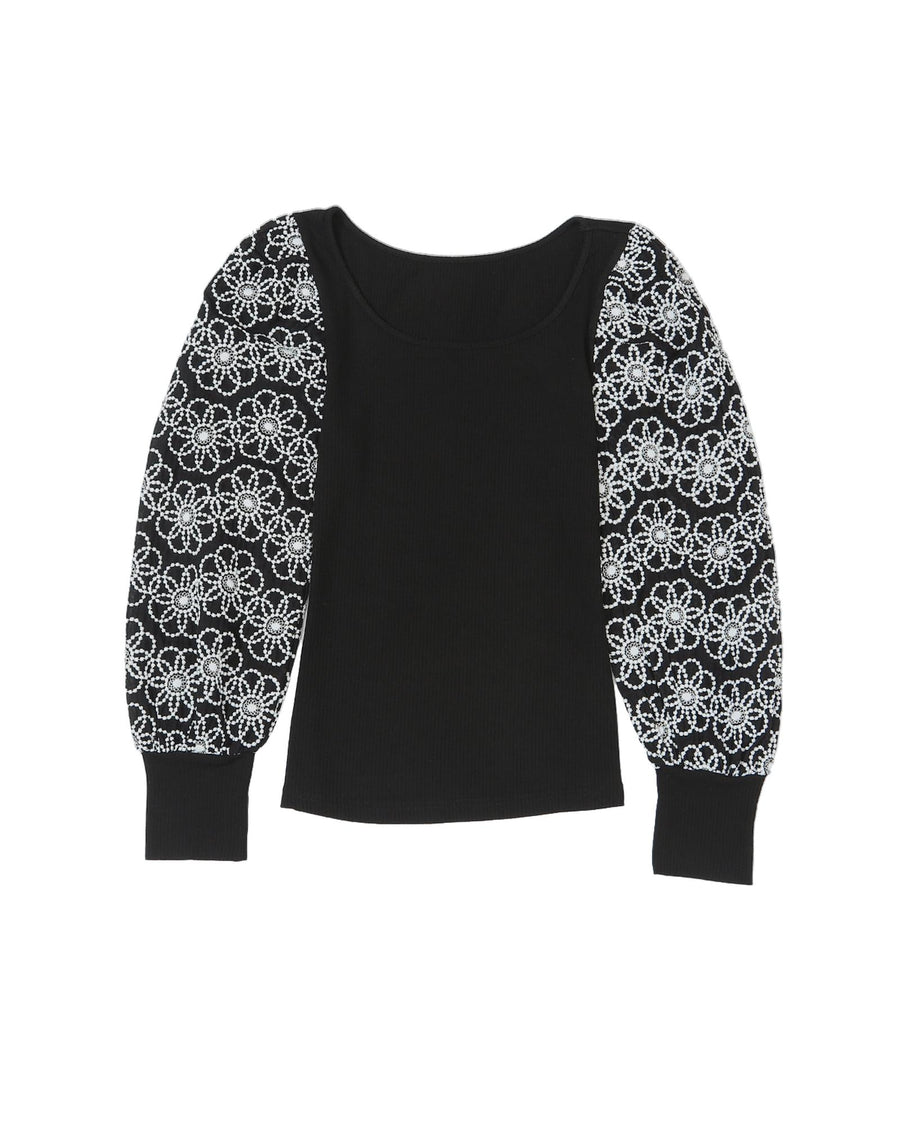 Black Flower Puff Sleeve Ribbed Knit Top - XL