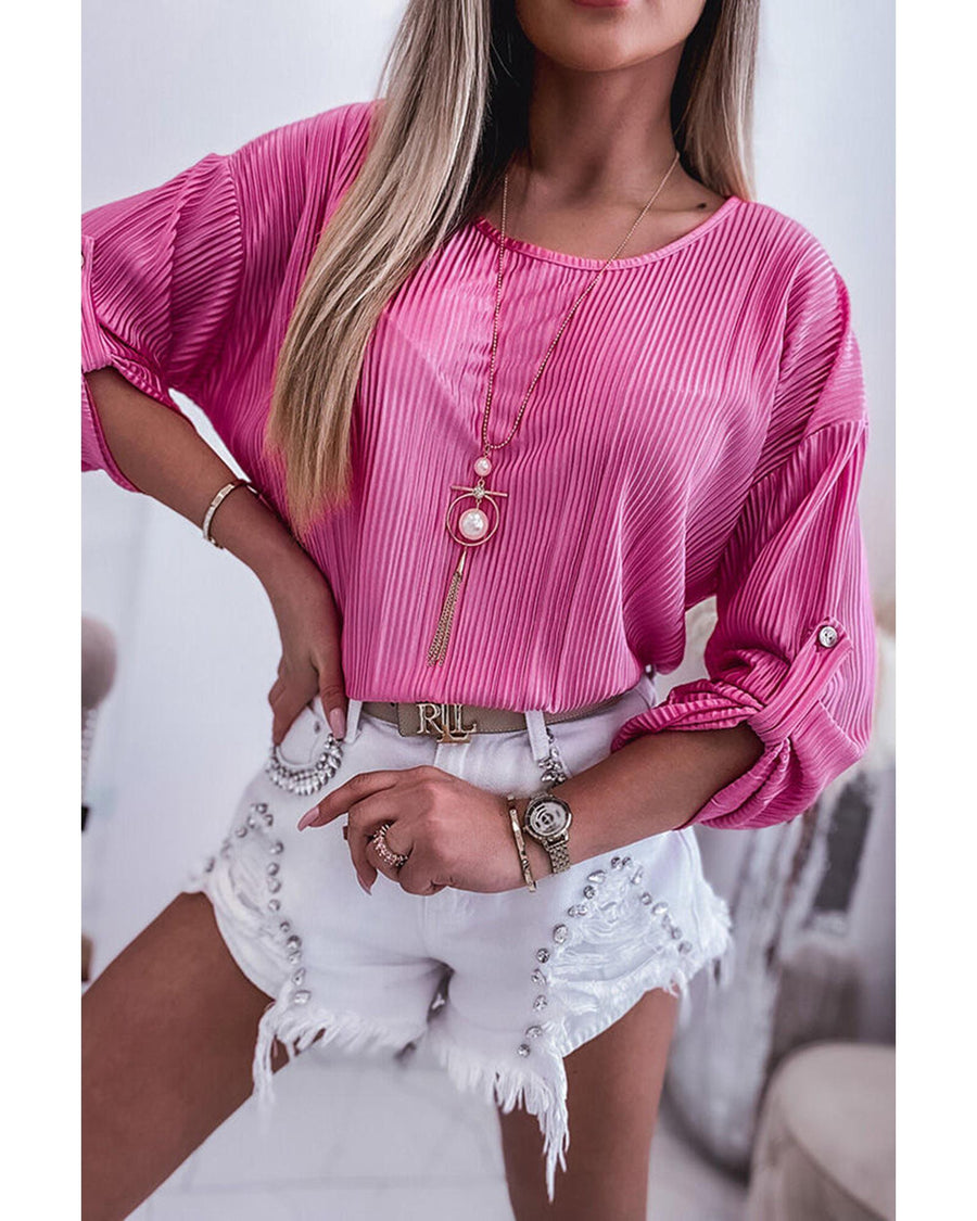 Azura Exchange Pleated Texture Roll Tab Sleeve Blouse - 2XL