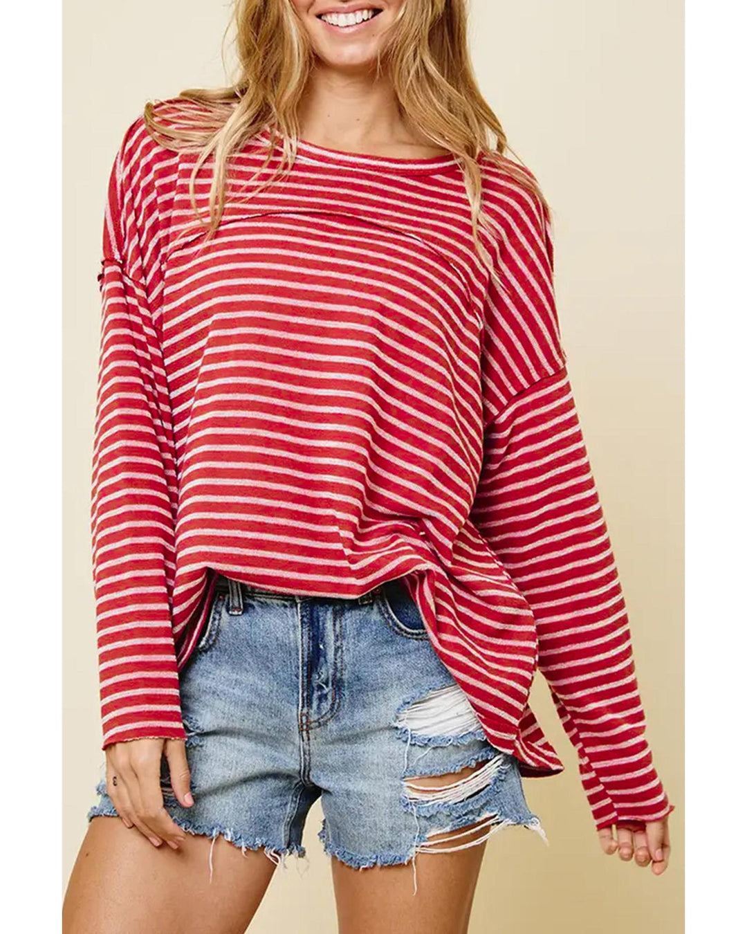Azura Exchange Striped Drop Shoulder Long Sleeve Top - M