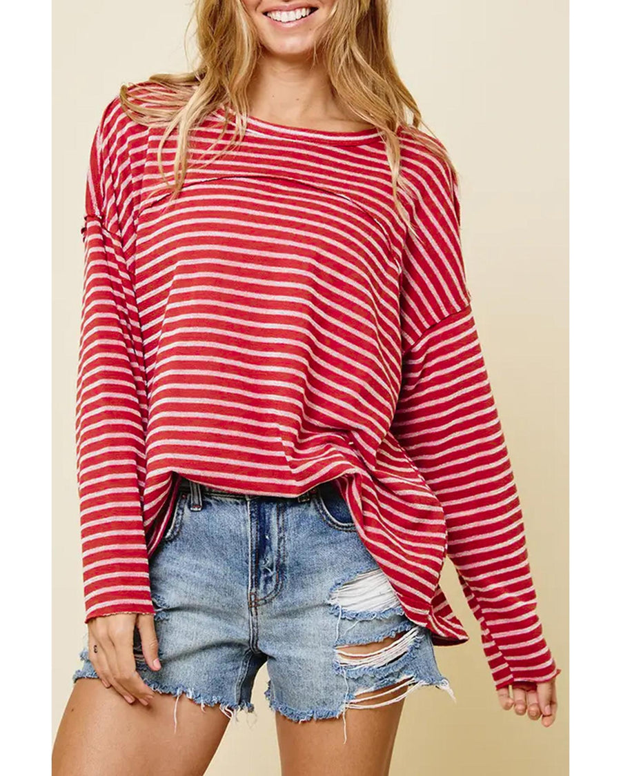 Azura Exchange Striped Drop Shoulder Long Sleeve Top - M