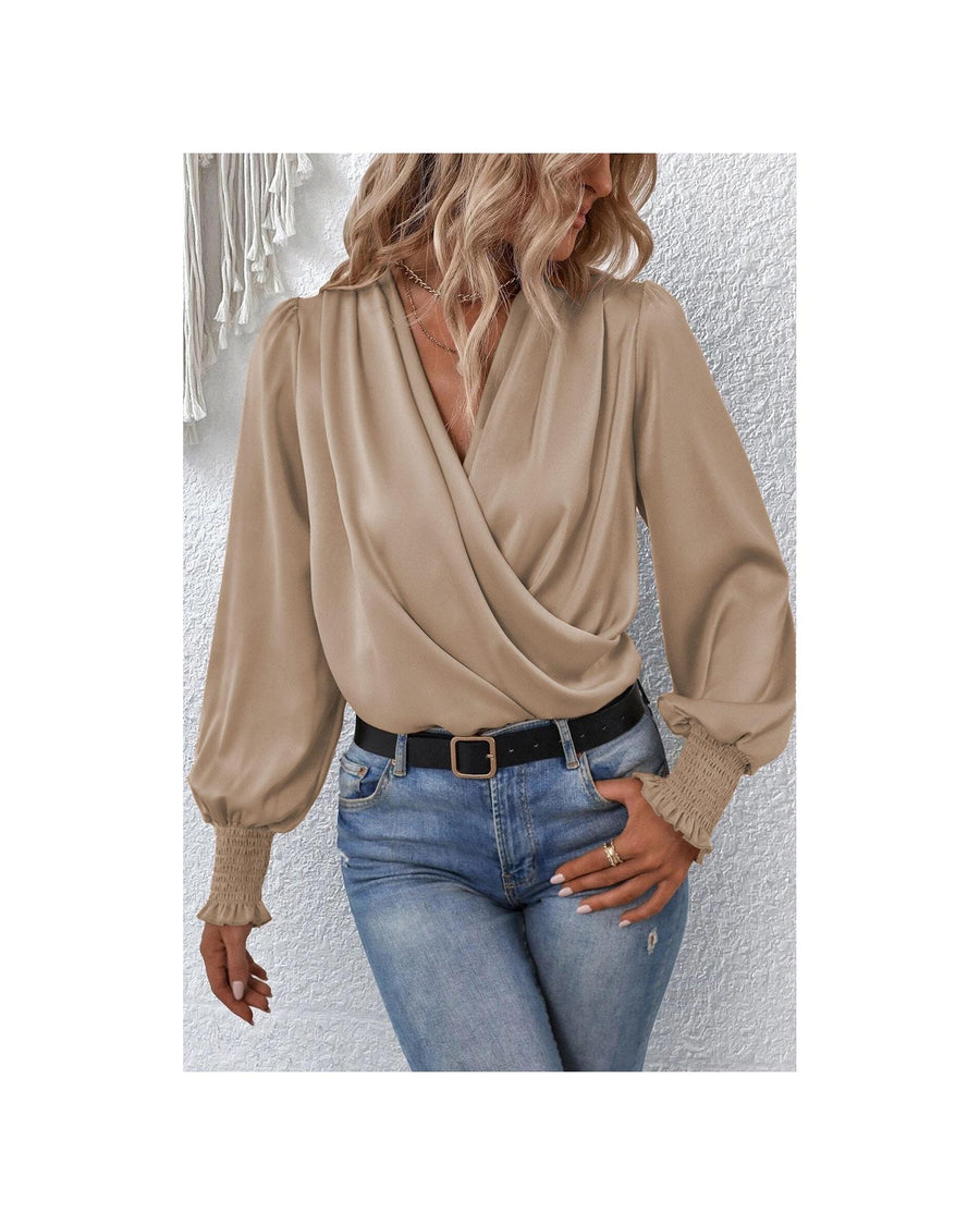 Azura Exchange Draped Surplice Neck Khaki Blouse - L