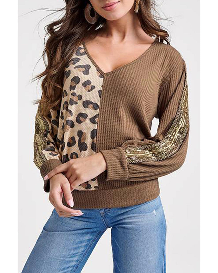 Brown Leopard Splicing Waffle Knit V Neck Top - M