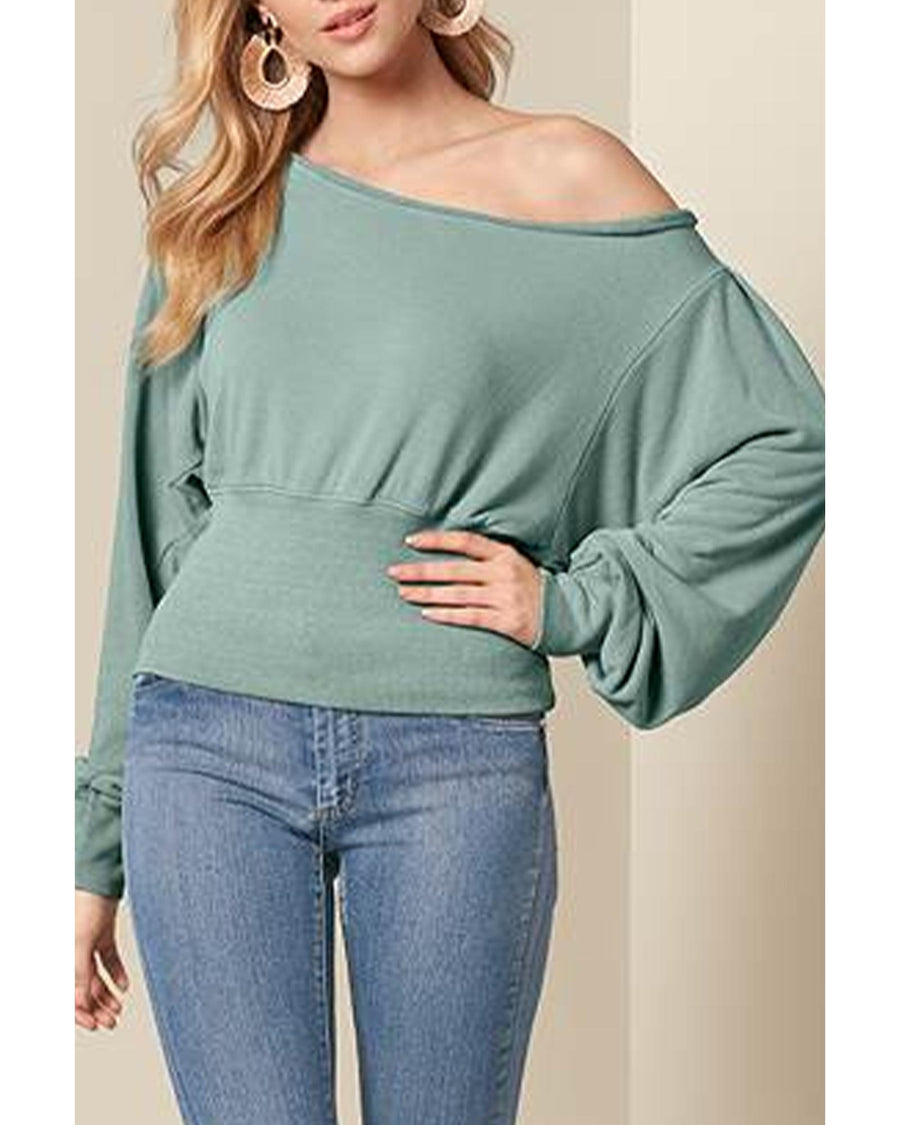Green Off Shoulder Bishop Sleeve Cinched Waist Blouse - XL