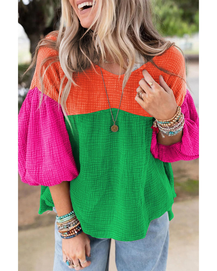 Azura Exchange Crinkle Bubble Sleeve Color Block Blouse - M