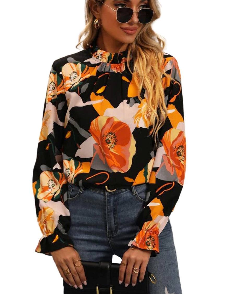 Black Floral Print Mock Neck Blouse - XL