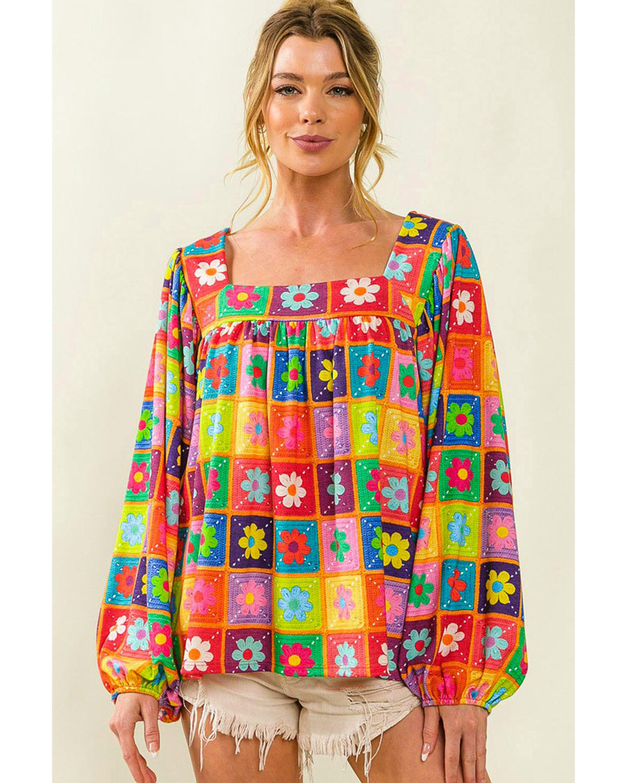 Azura Exchange Multicolor Floral Crochet Square Neck Puff Sleeve Blouse - M