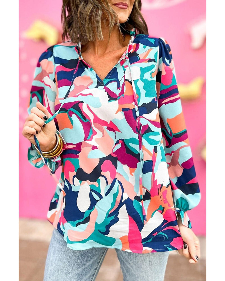 Azura Exchange Abstract Print Frill V Neck Long Sleeve Blouse - XL