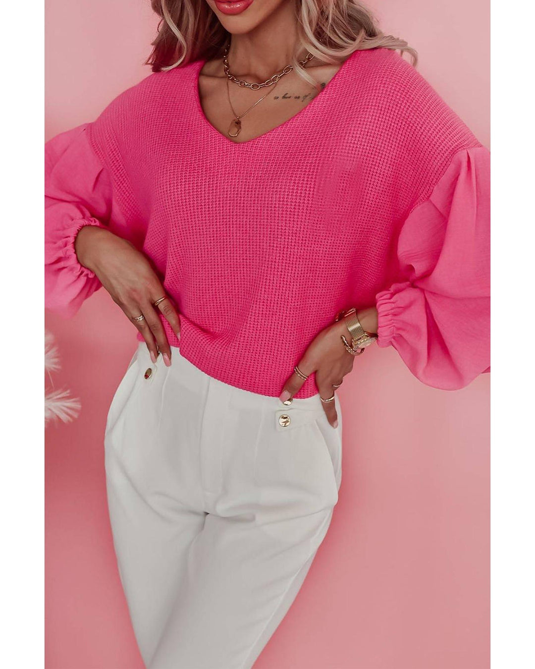 Rose Waffle Knit Balloon Sleeve Splicing V Neck Top - L